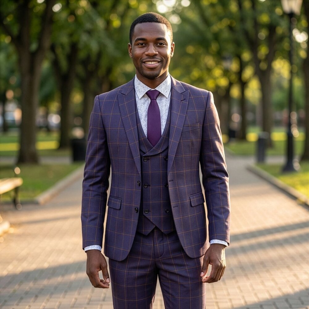 New 2026 Mens 3pc Plaid Purple Suit Set, Skinny Fit